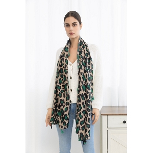  ECHARPE LEOPARD POMPOM 4 COTES<br>Vert