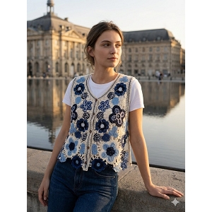 SCARPY CREATION GILET BOHEME DENTELLE FLEURI<br>Bleu