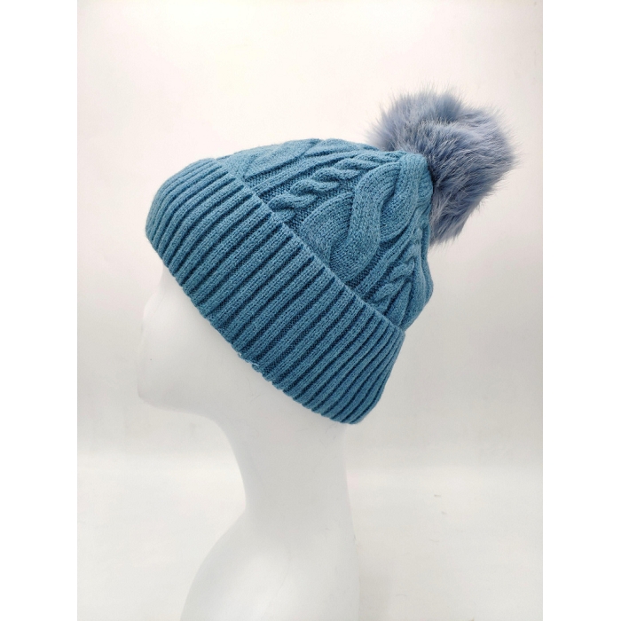 Scarpy creation bonnet torsade a pompon bleu